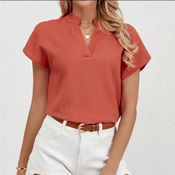Salmon Notched V-Neck Blouse - Picture 3 of 3